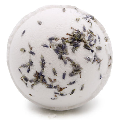 Bath bomb with lavender petals on a white background