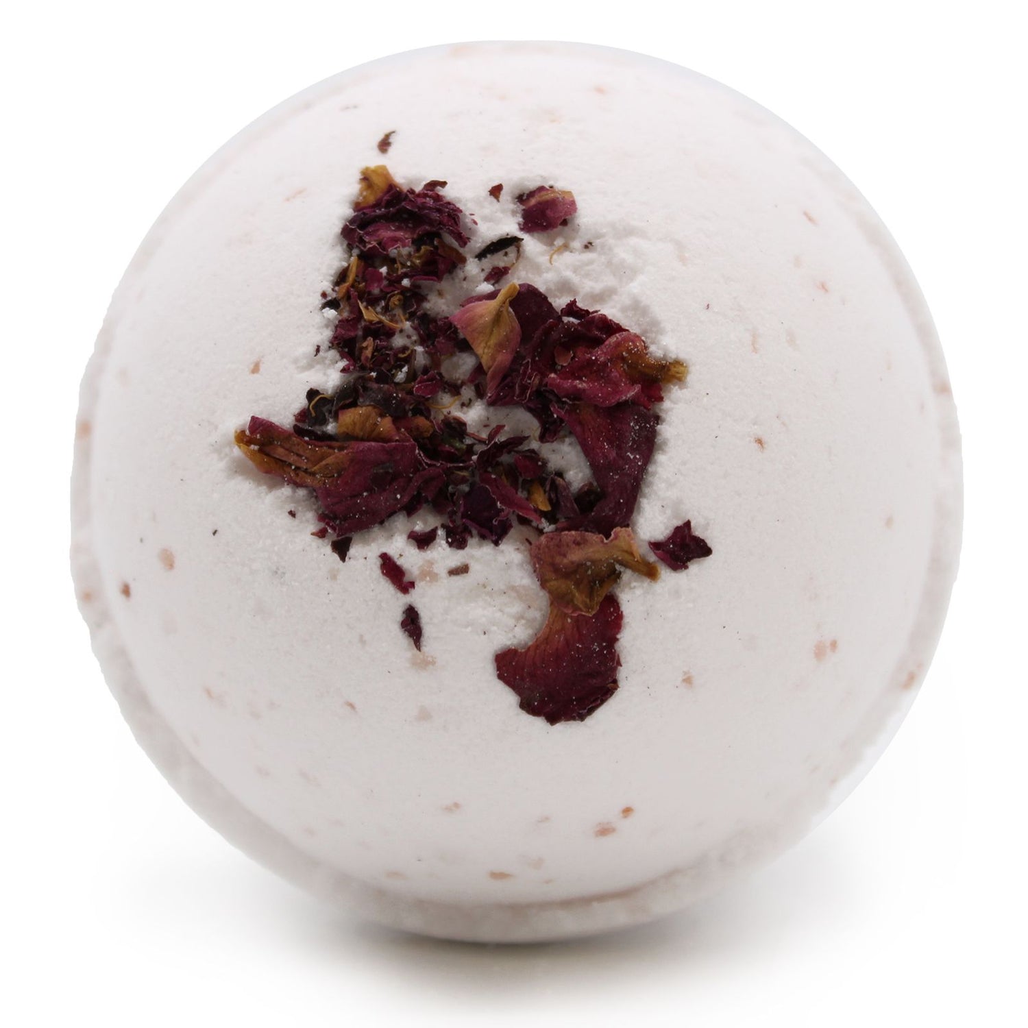 White bath bomb with dried flowers on a white background
