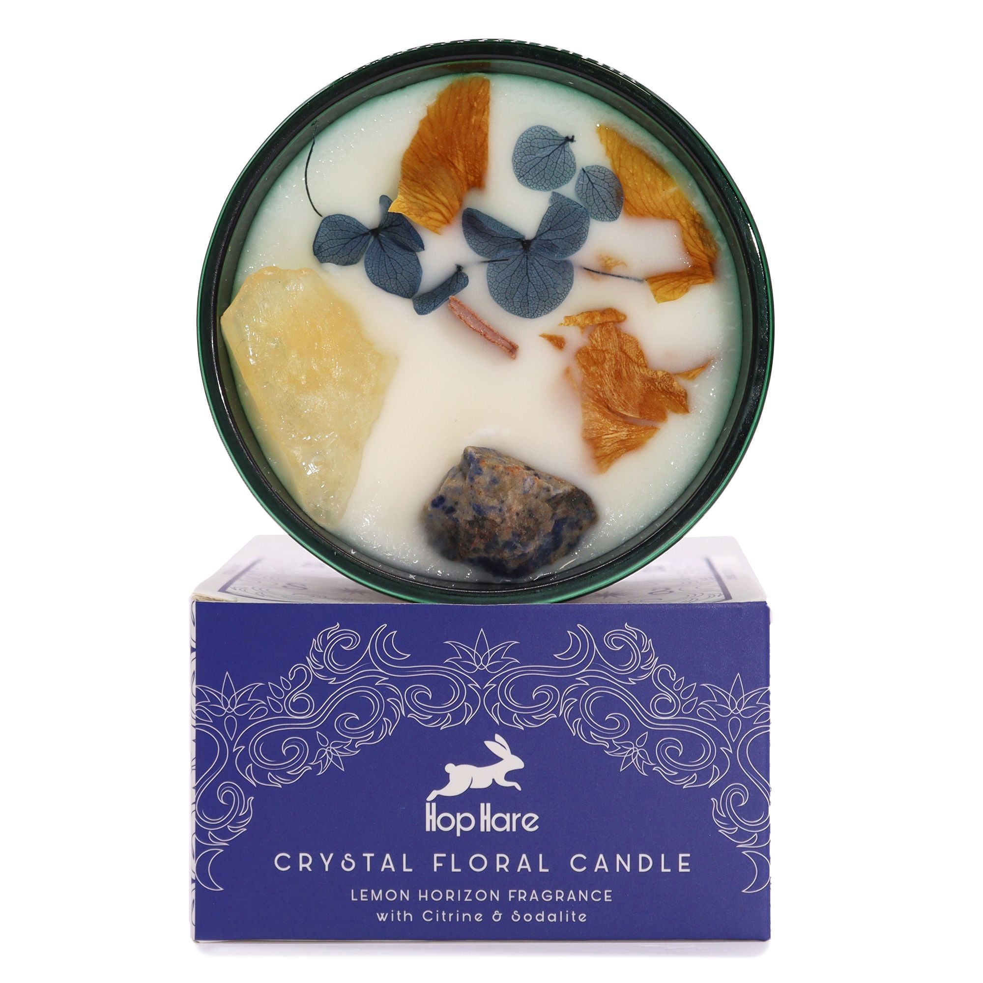 Crystal floral candle with decorative elements on a white background