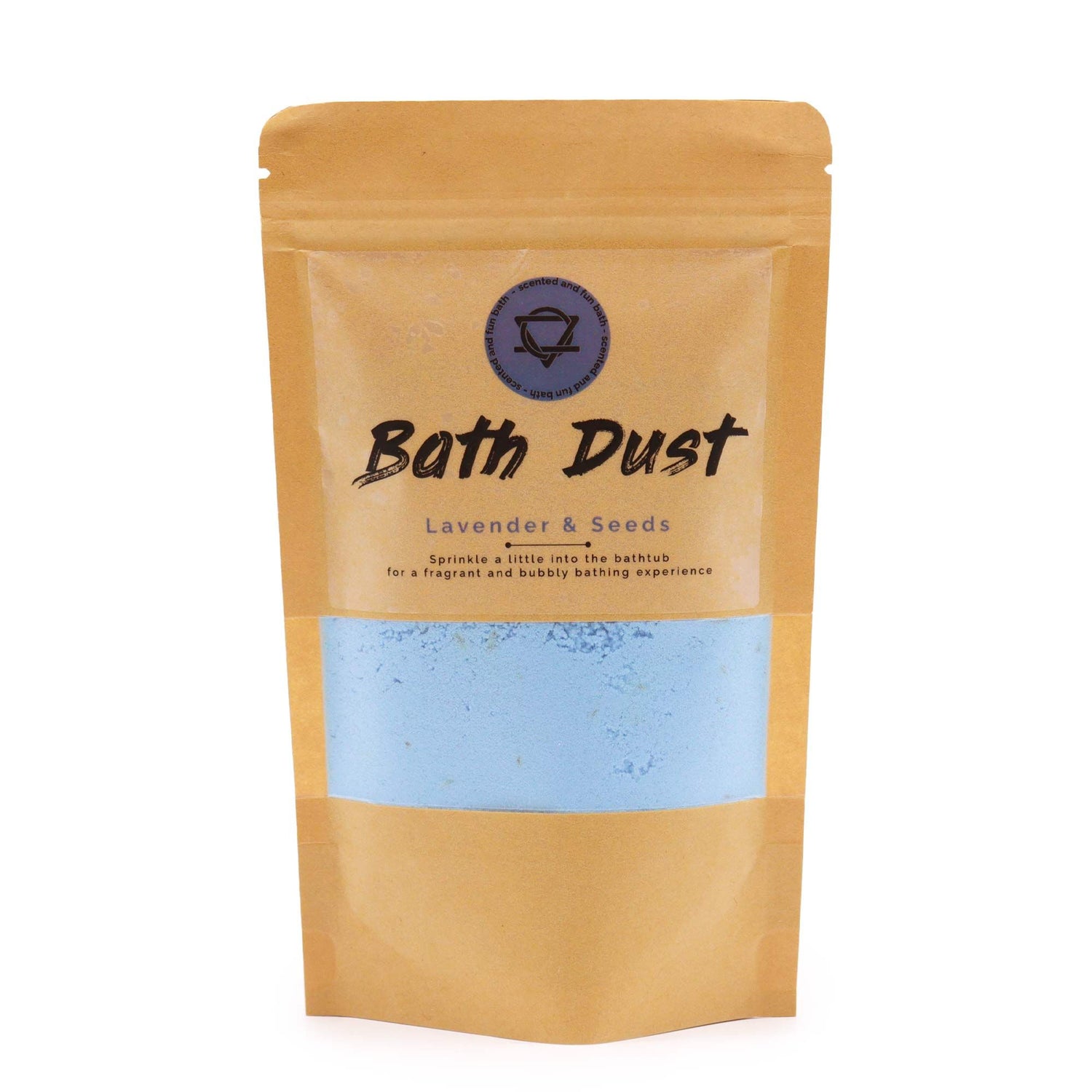 Package of Lavender &amp; Seeds Bath Dust on a white background