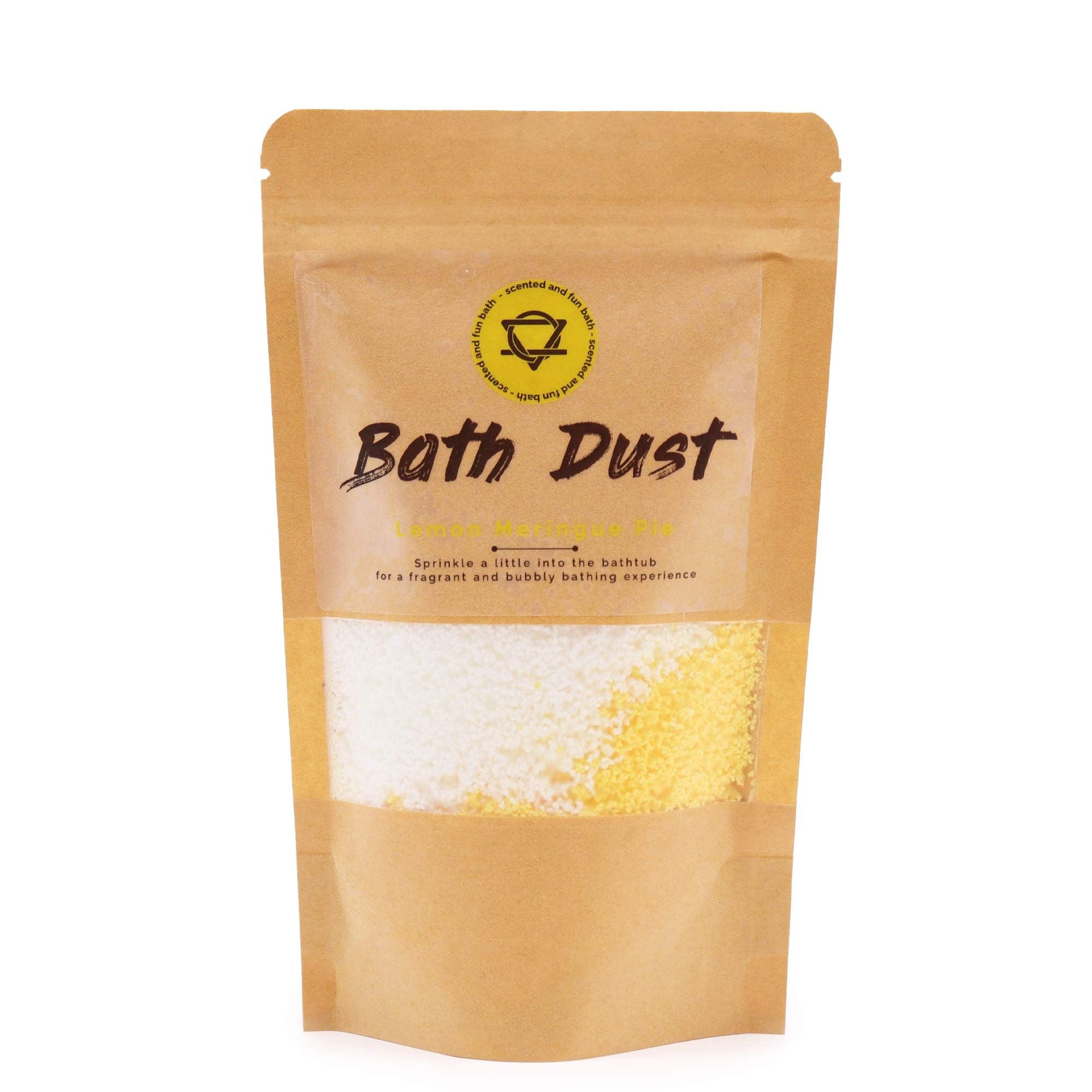 Package of Bath Dust with visible bath salts on a white background