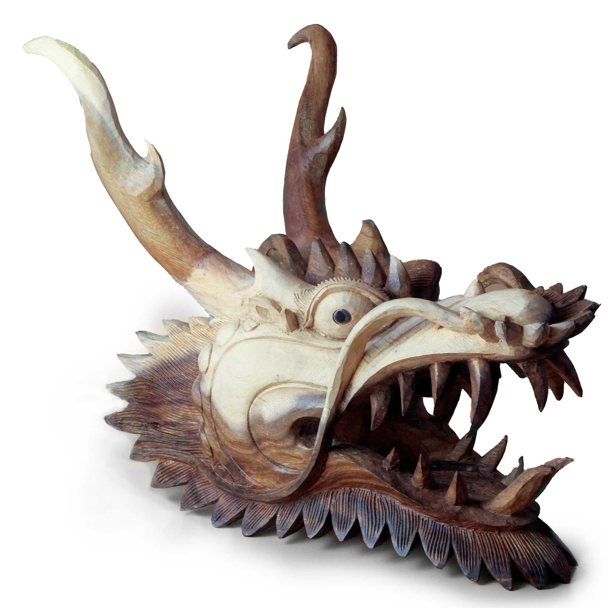 Wooden dragon head sculpture on a white background