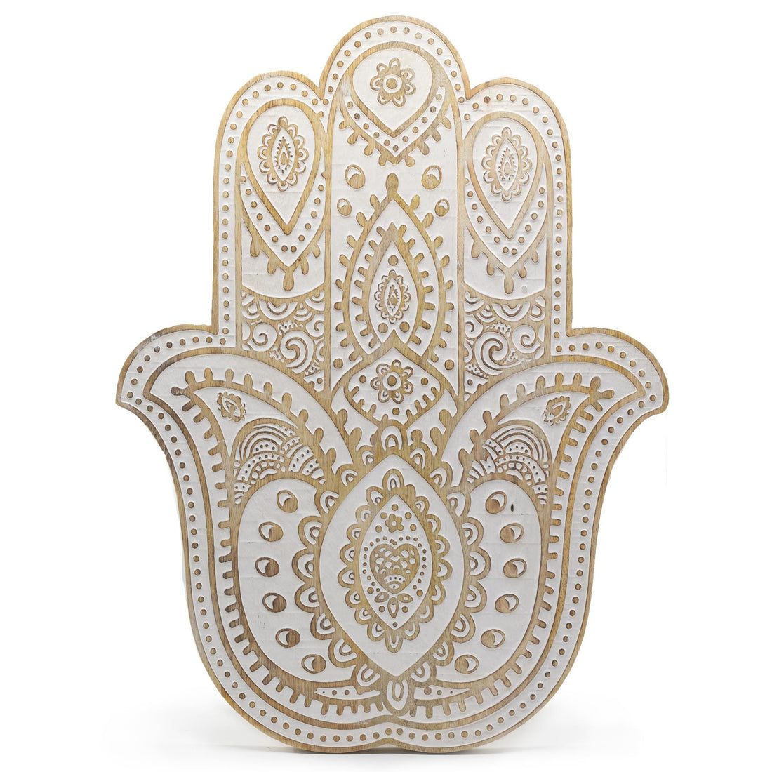 Decorative Hamsa hand with intricate patterns on a white background