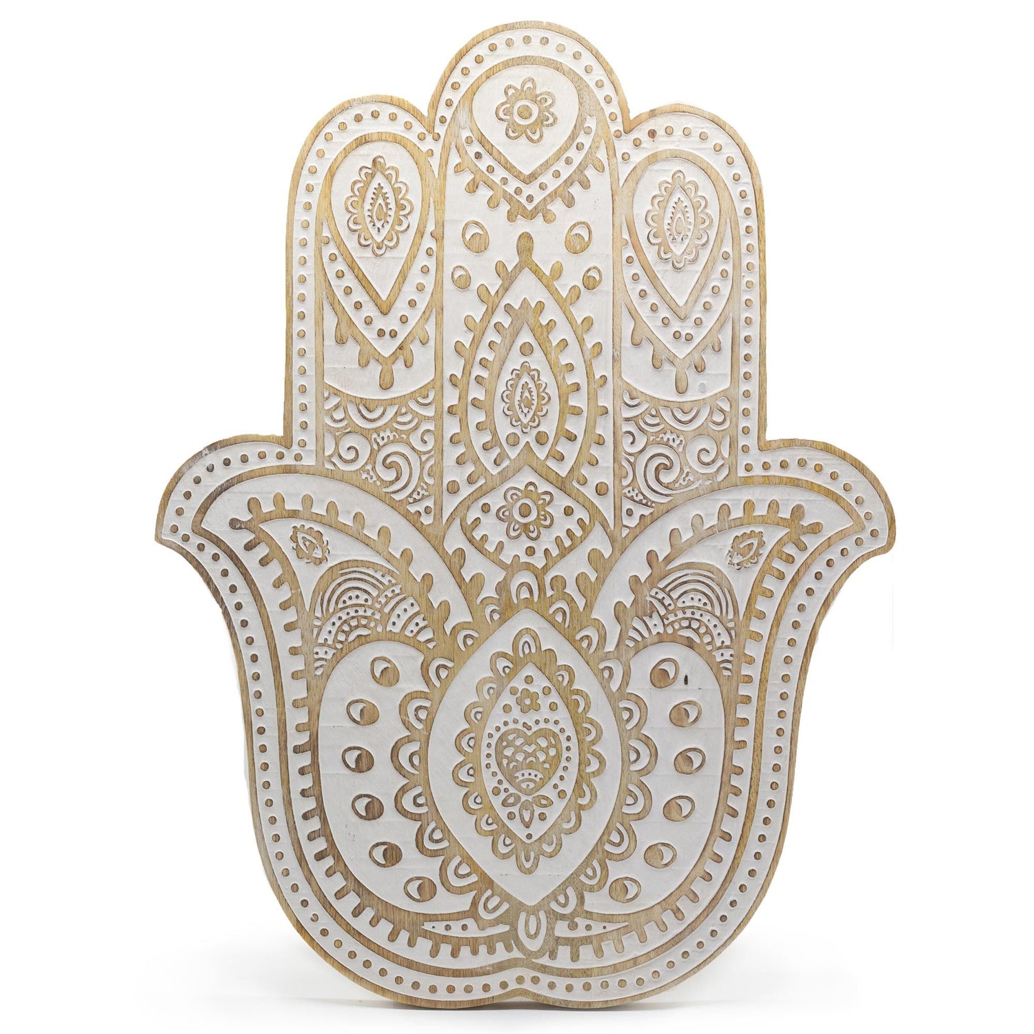 Decorative Hamsa hand with intricate patterns on a white background