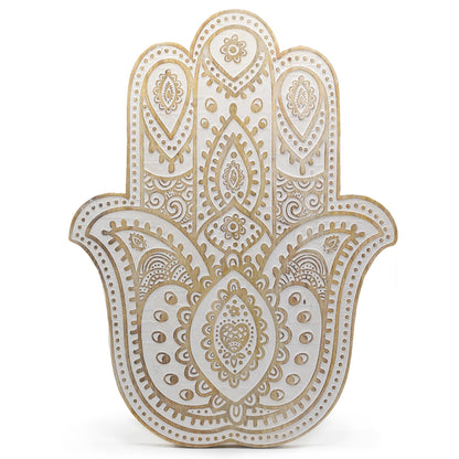 Decorative Hamsa hand with intricate patterns on a white background