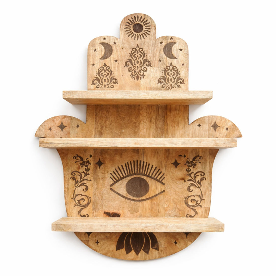 Wooden shelf with engraved symbols on a white background