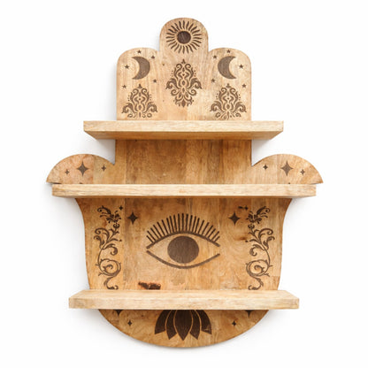 Wooden shelf with engraved symbols on a white background