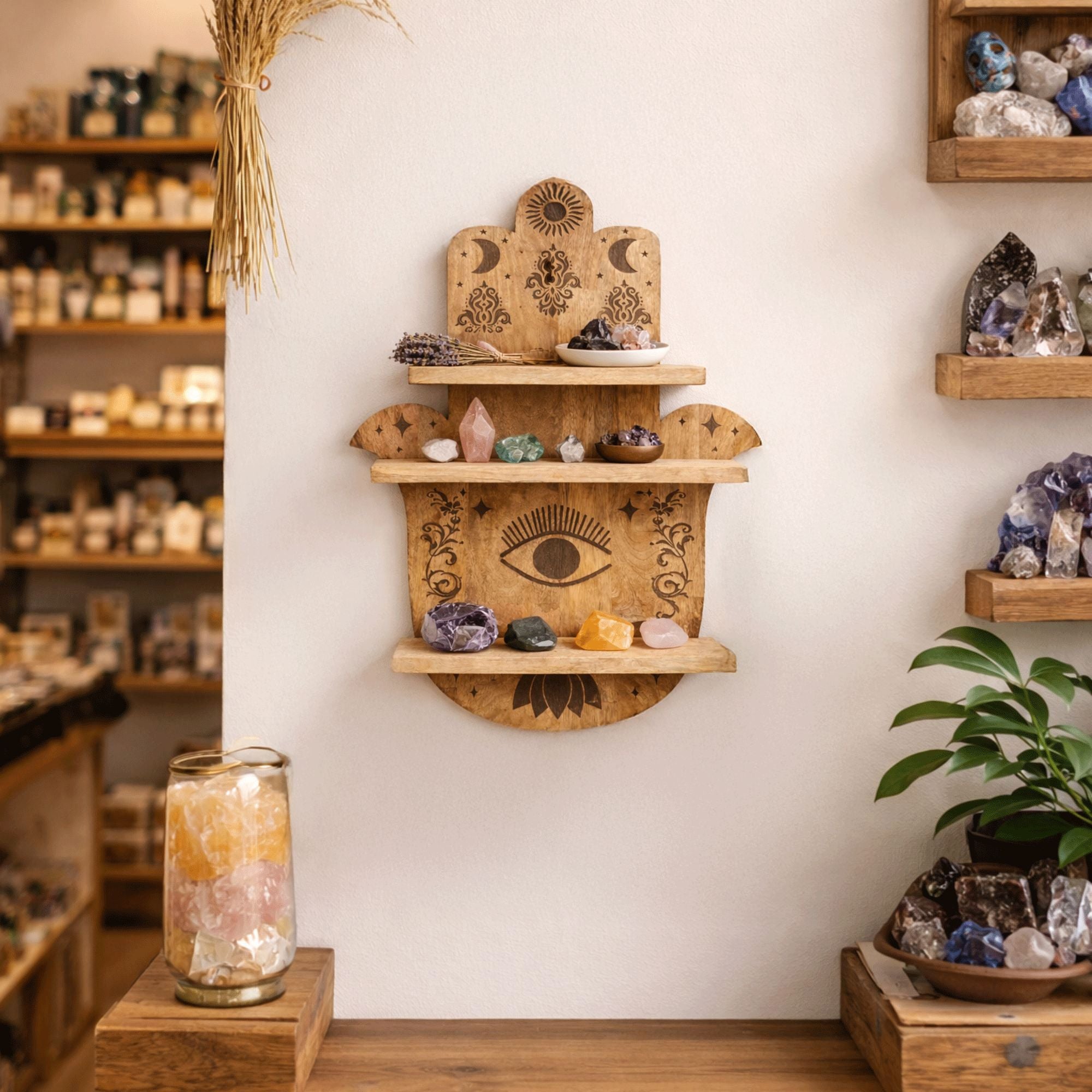 Wooden shelf with decorative items against a white wall in a store setting.