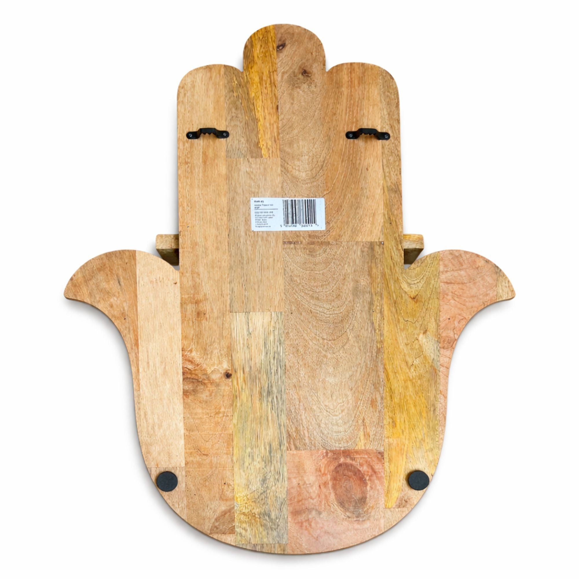 Back of a wooden Hamsa-shaped shelf unit with a visible barcode label on a white background