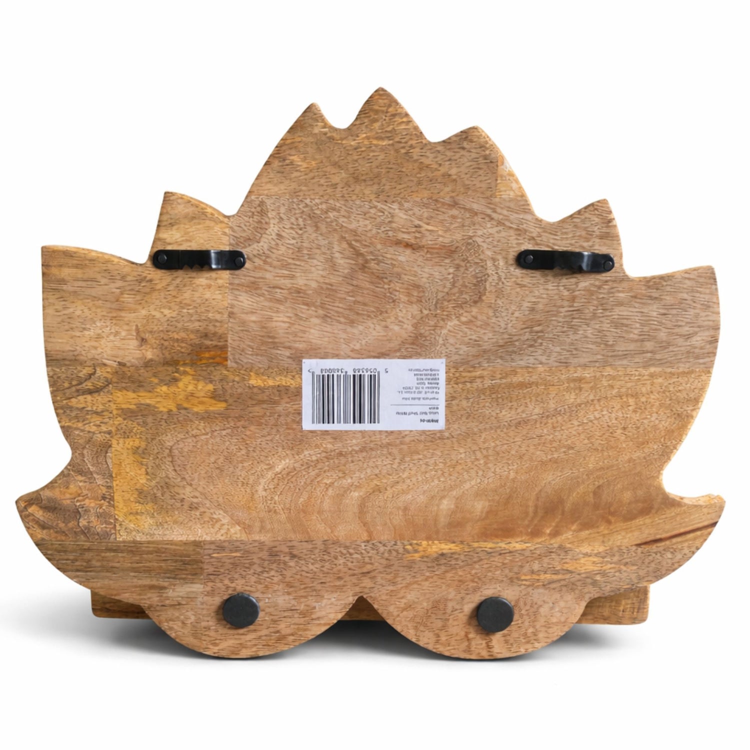 Back of a wooden lotus-shaped shelf with a barcode label on a white background