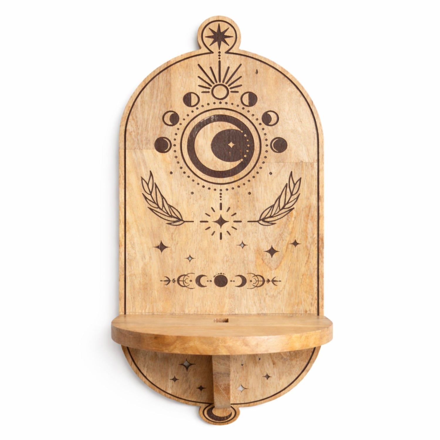Wooden wall shelf with celestial design on a white background