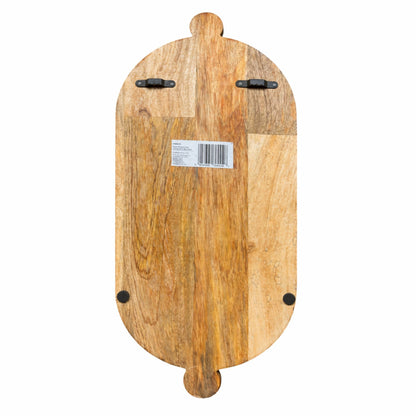 Reverse of a wooden shelf unit showing wall hangers on a white background