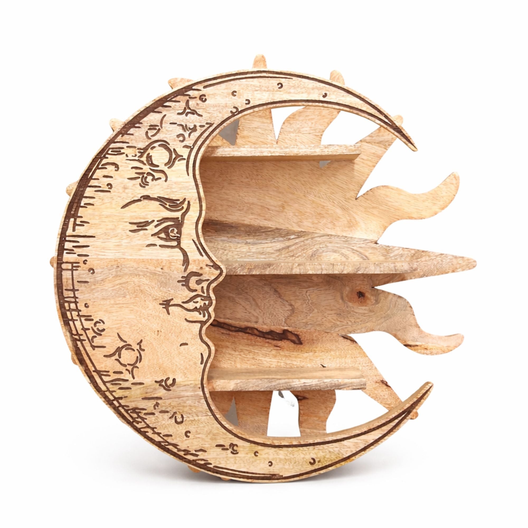 Wooden decorative shelf unit shaped like a crescent moon with engraved faces on a white background