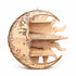 Wooden decorative shelf unit shaped like a crescent moon with engraved faces on a white background