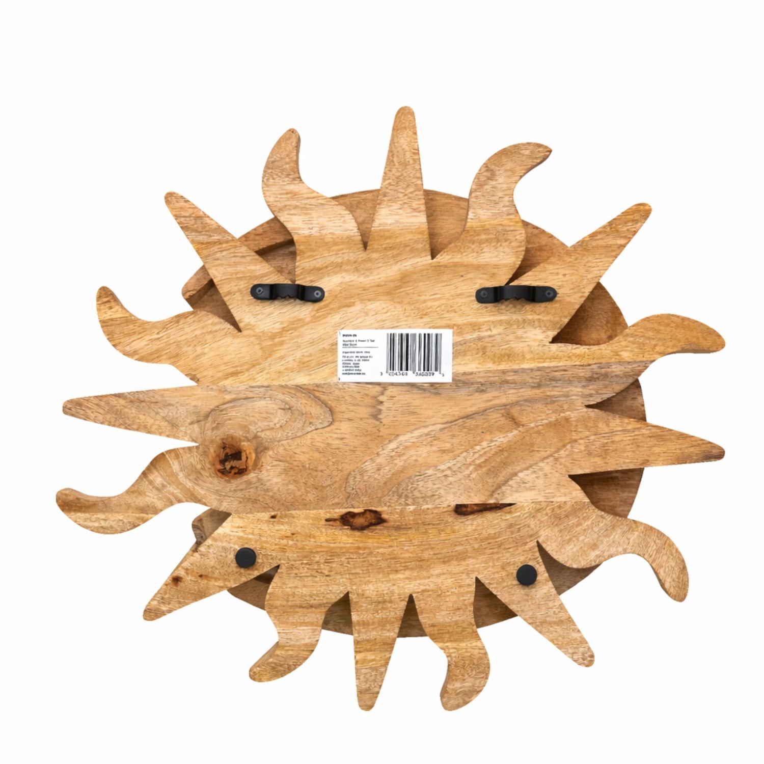 Wooden wall art piece with a unique sunray design on a white background