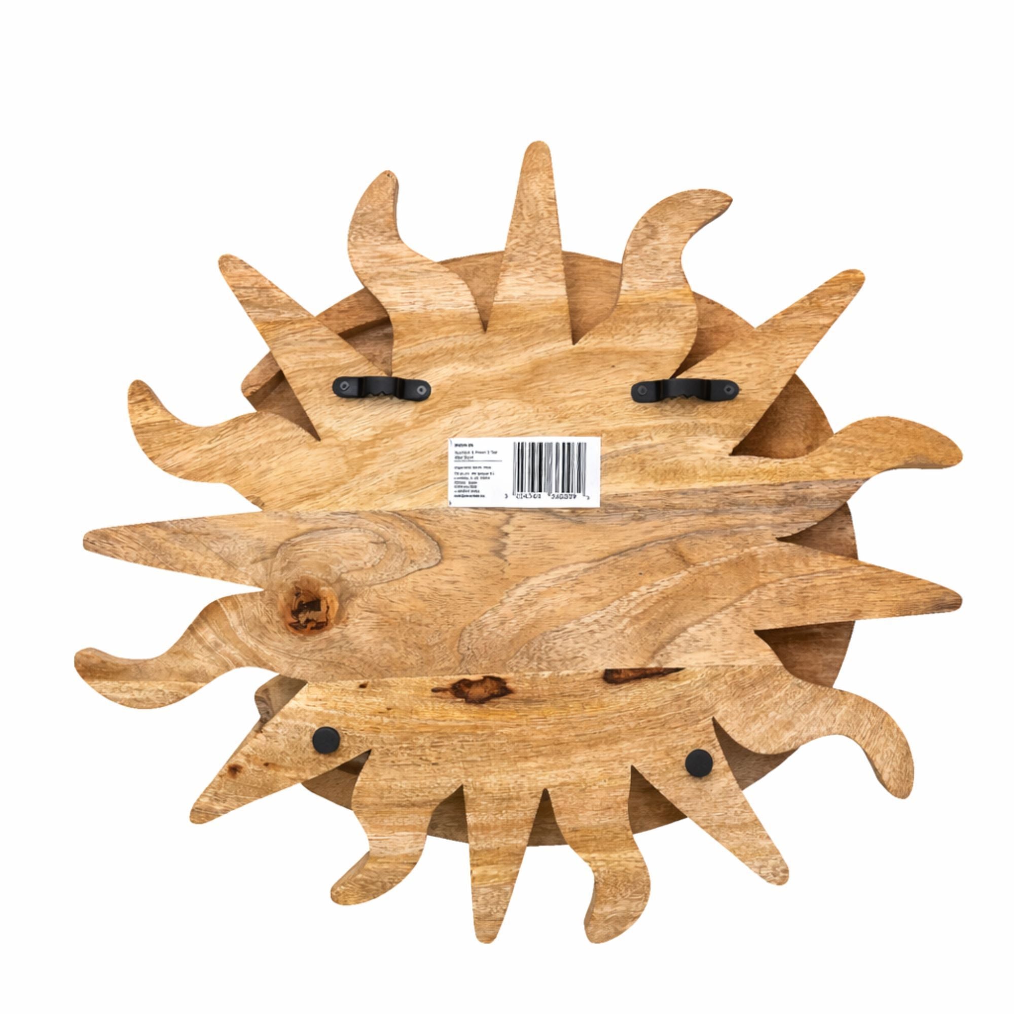 Wooden wall art piece with a unique sunray design on a white background