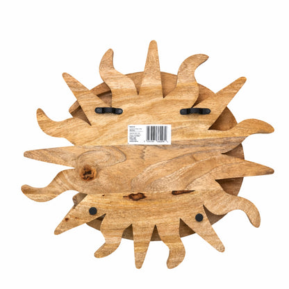 Wooden wall art piece with a unique sunray design on a white background