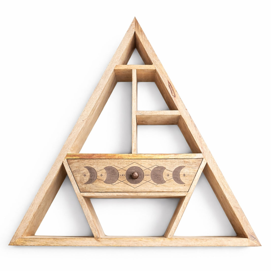 Wooden triangular shelf with decorative elements on a white background