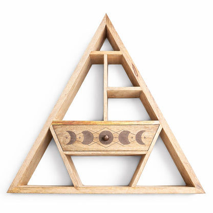 Wooden triangular shelf with decorative elements on a white background