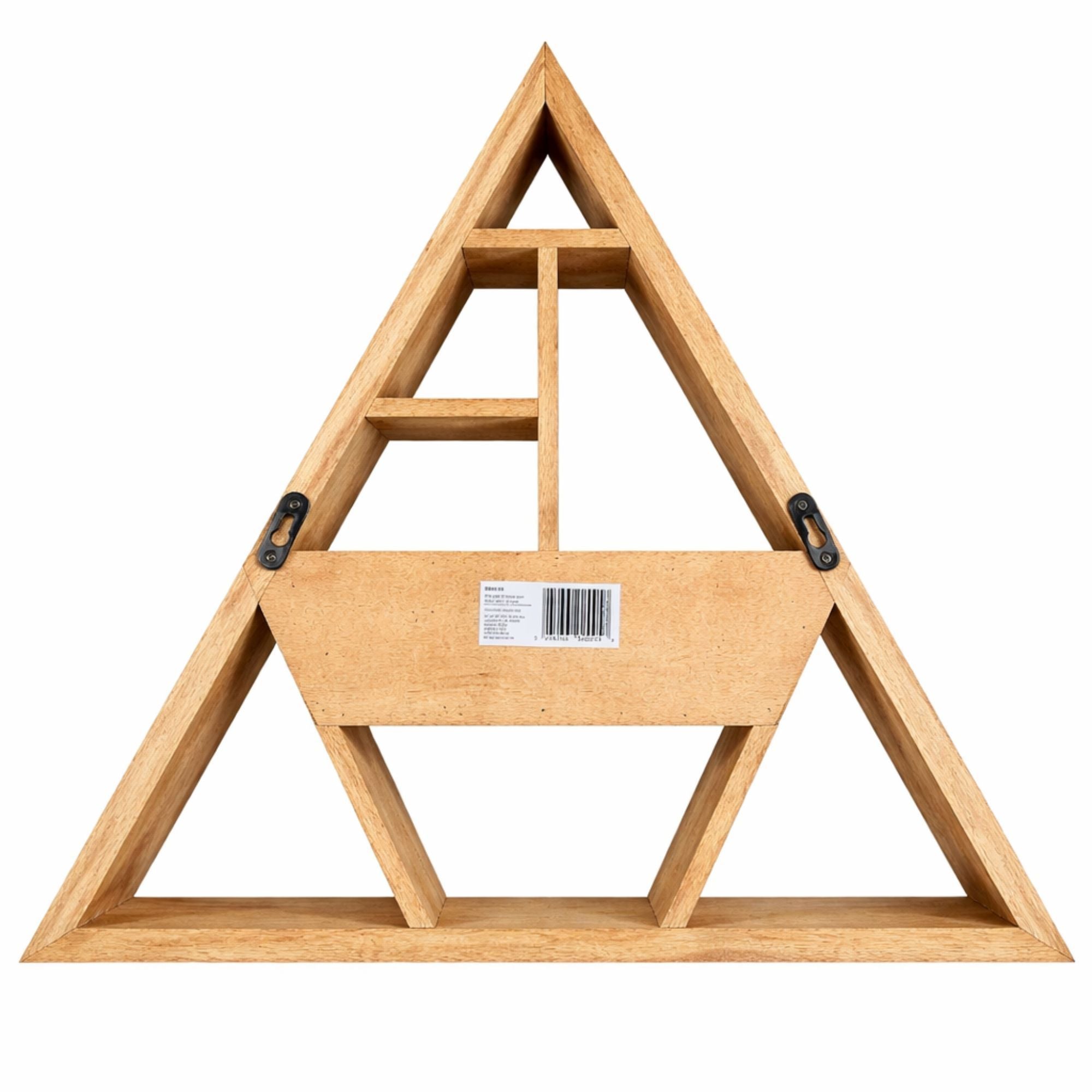 Triangular wooden shelf with a barcode label on a white background
