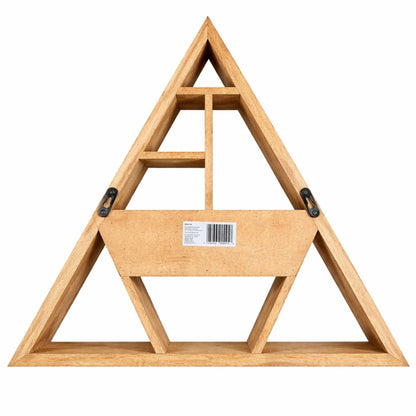 Triangular wooden shelf with a barcode label on a white background
