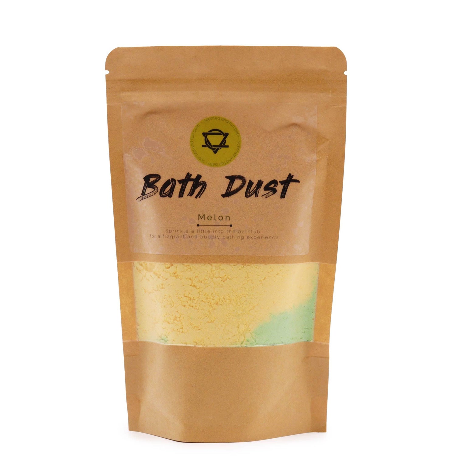 Brown package of bath dust with a visible brand logo on a white background