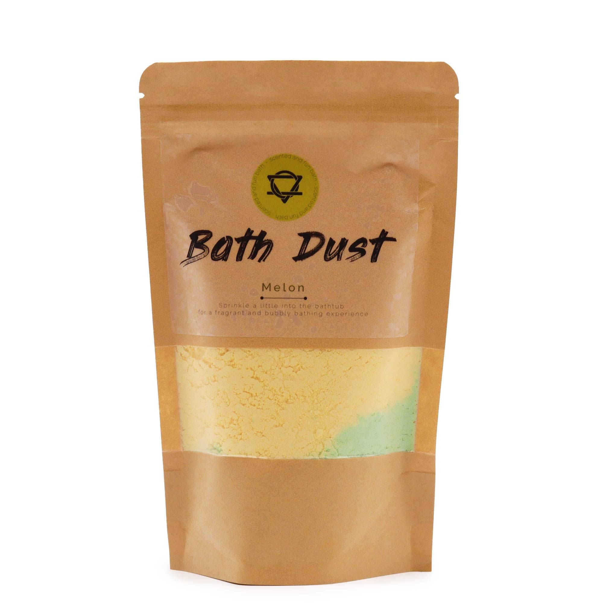 Brown package of bath dust with a visible brand logo on a white background