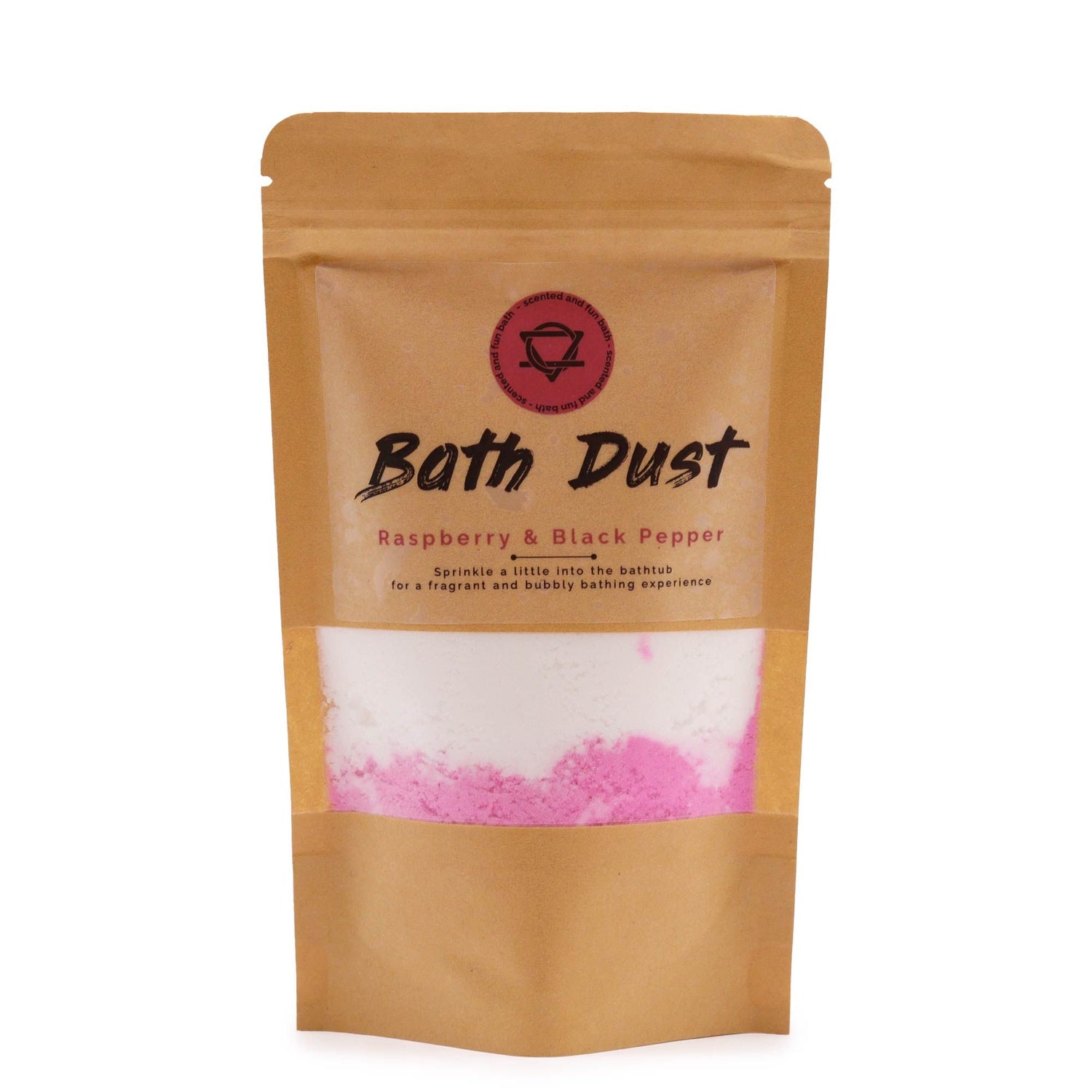 Bath Dust packaging with raspberry and black pepper fragrance on a white background