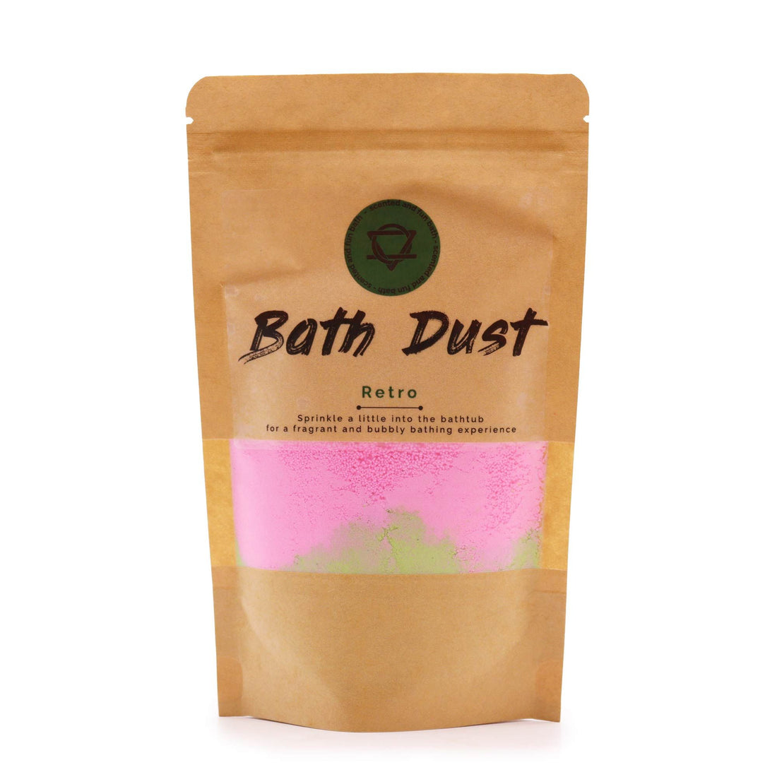 Bath Dust packaging with pink bath salt visible through a window on a white background