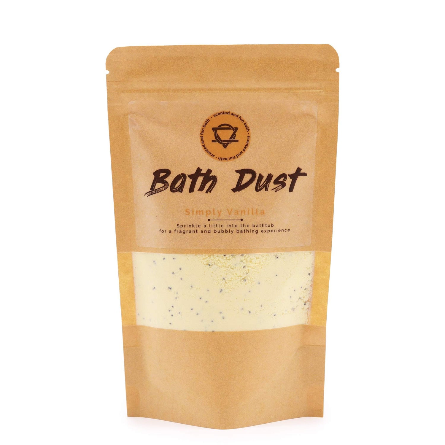 Bath Dust packaging with vanilla fragrance on a white background