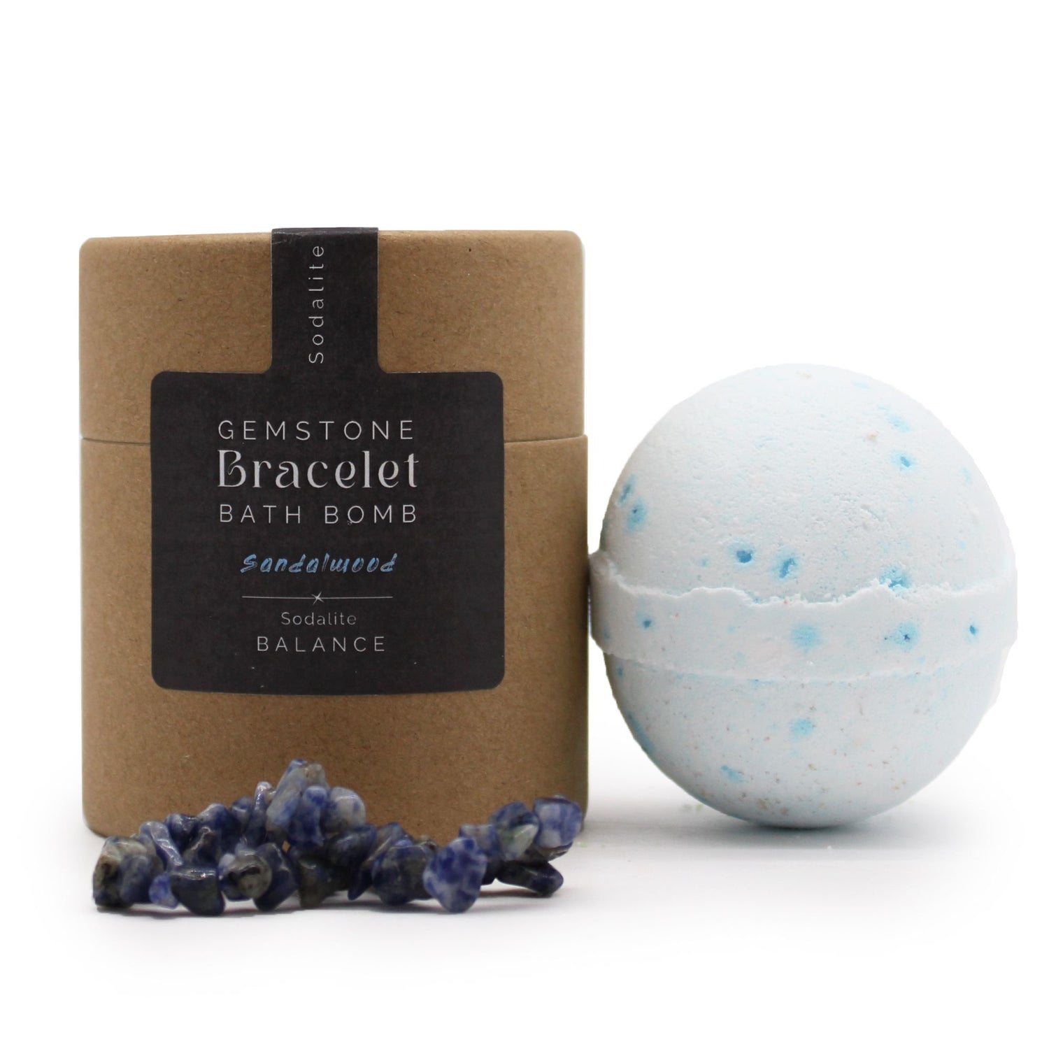 Gemstone Bracelet bath bomb with packaging and sodalite stones on a white background