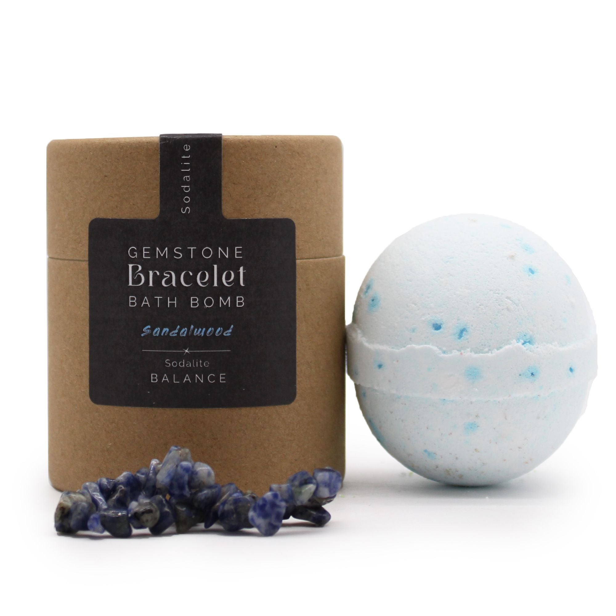 Gemstone Bracelet bath bomb with packaging and sodalite stones on a white background