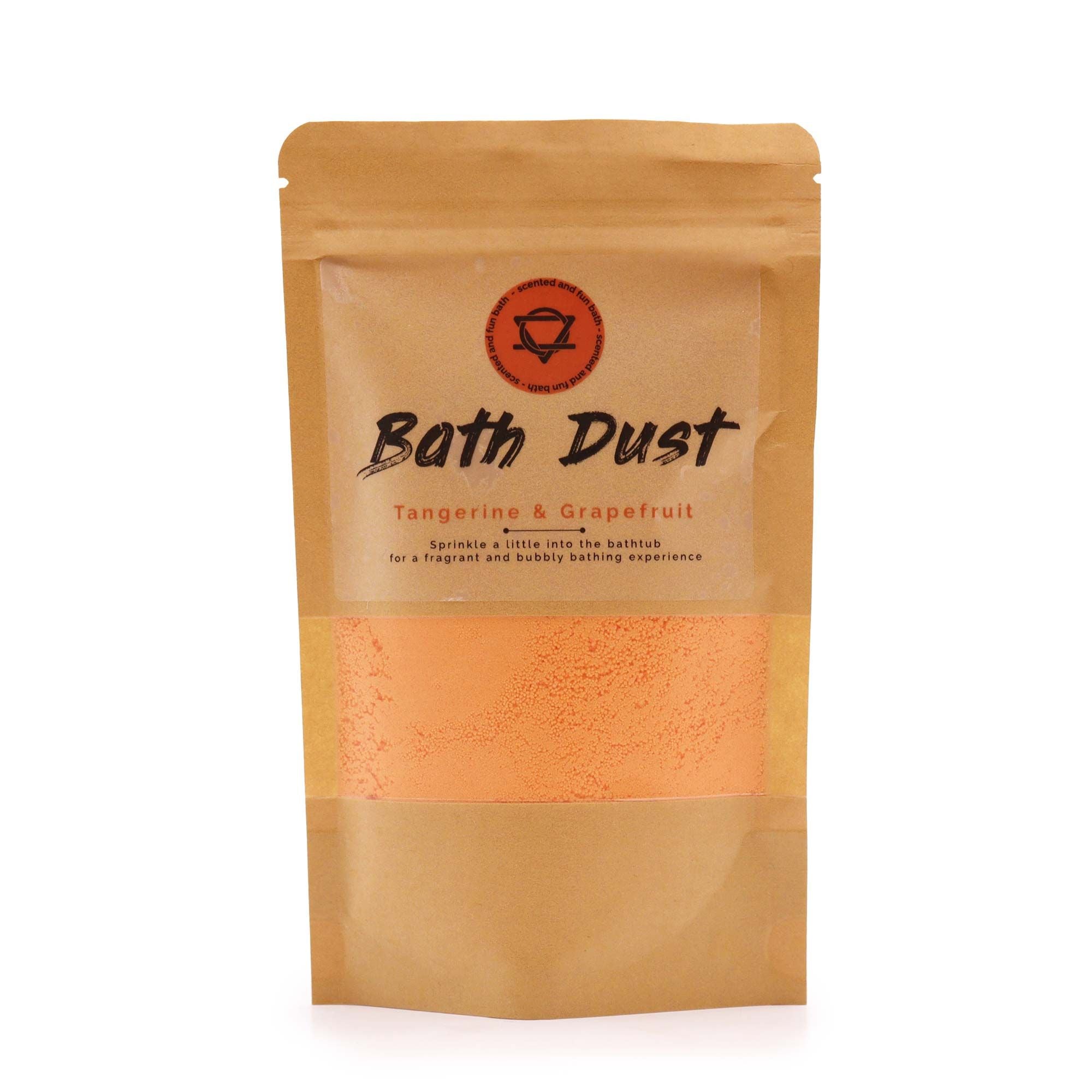 Kraft paper packaging of Bath Dust with tangerine and grapefruit scent on a white background