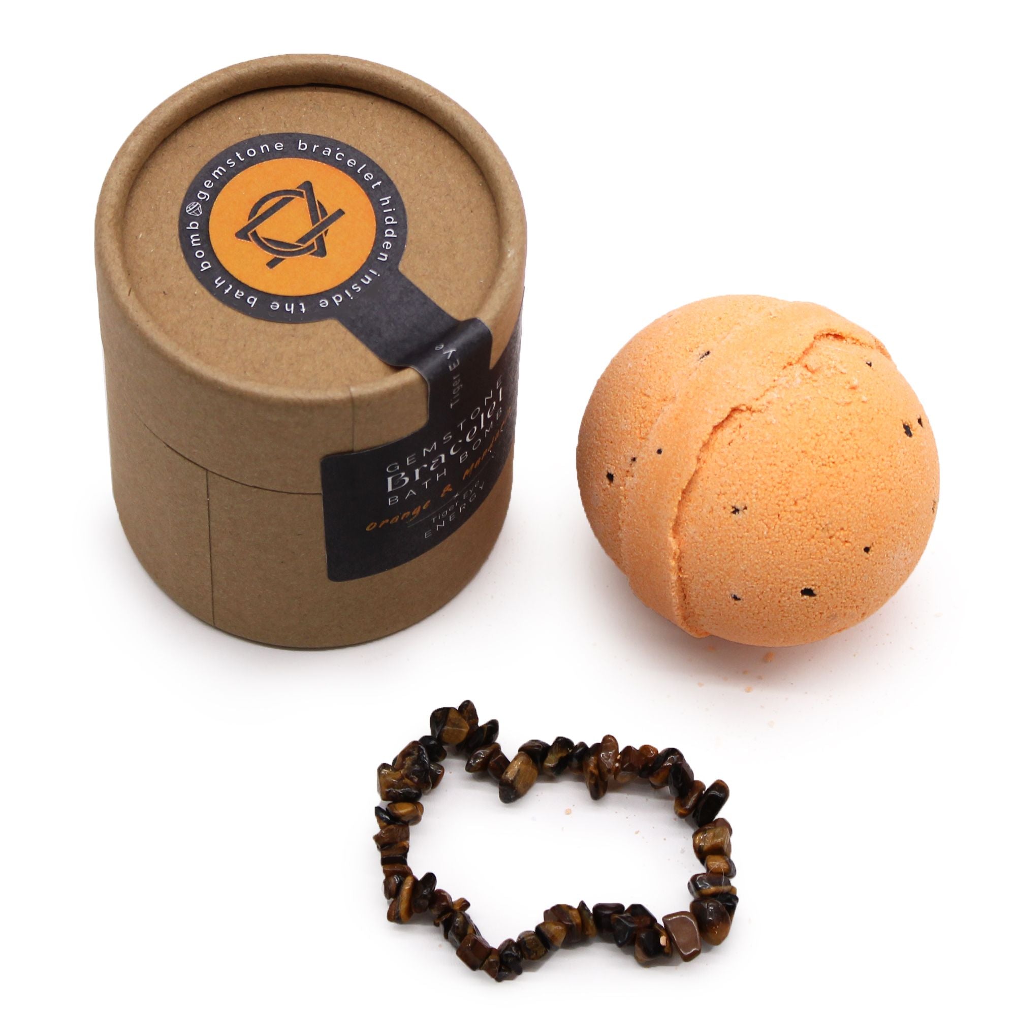 A bath bomb and bracelet with branded packaging on a white background