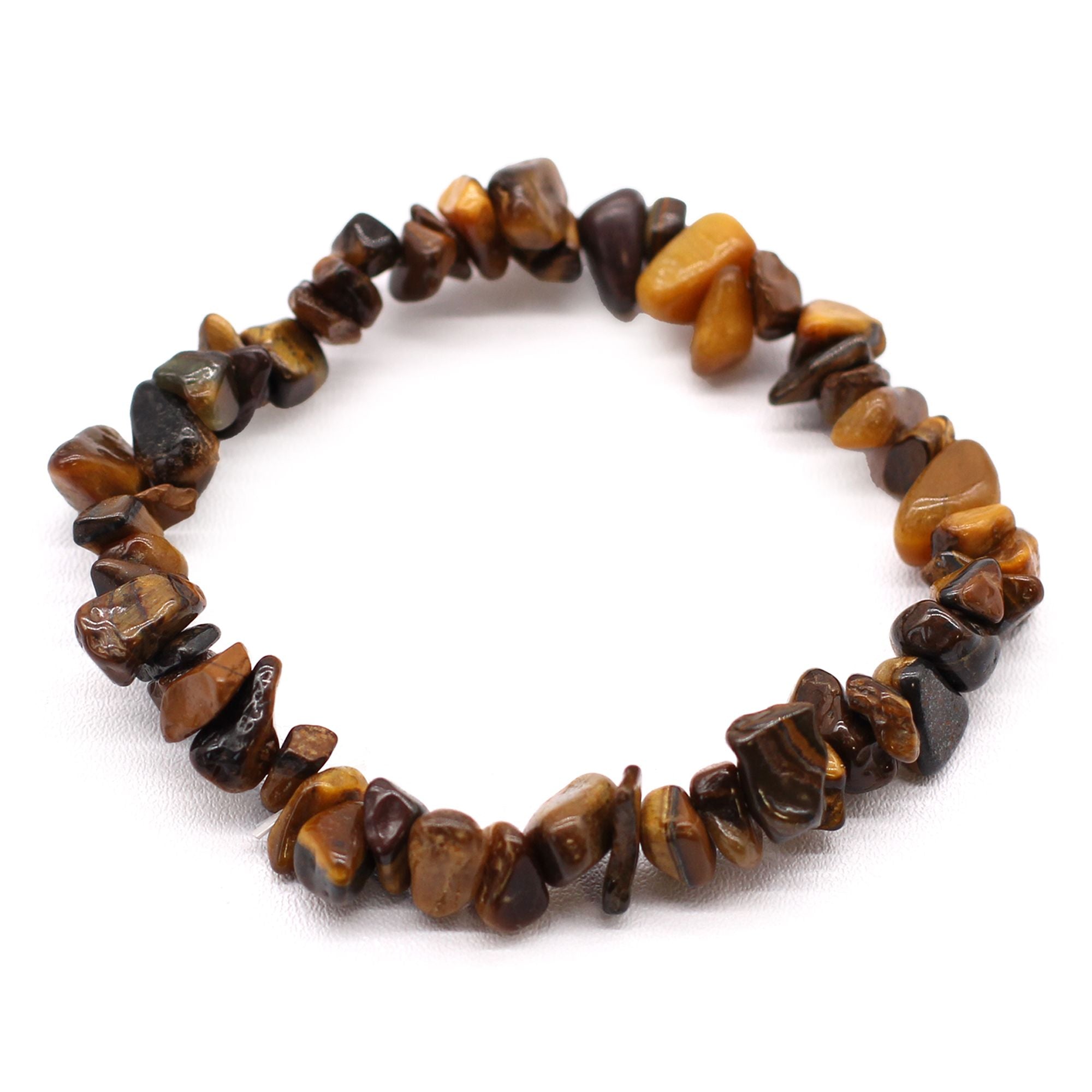 Bracelet made of brown and orange stone chips on a white background