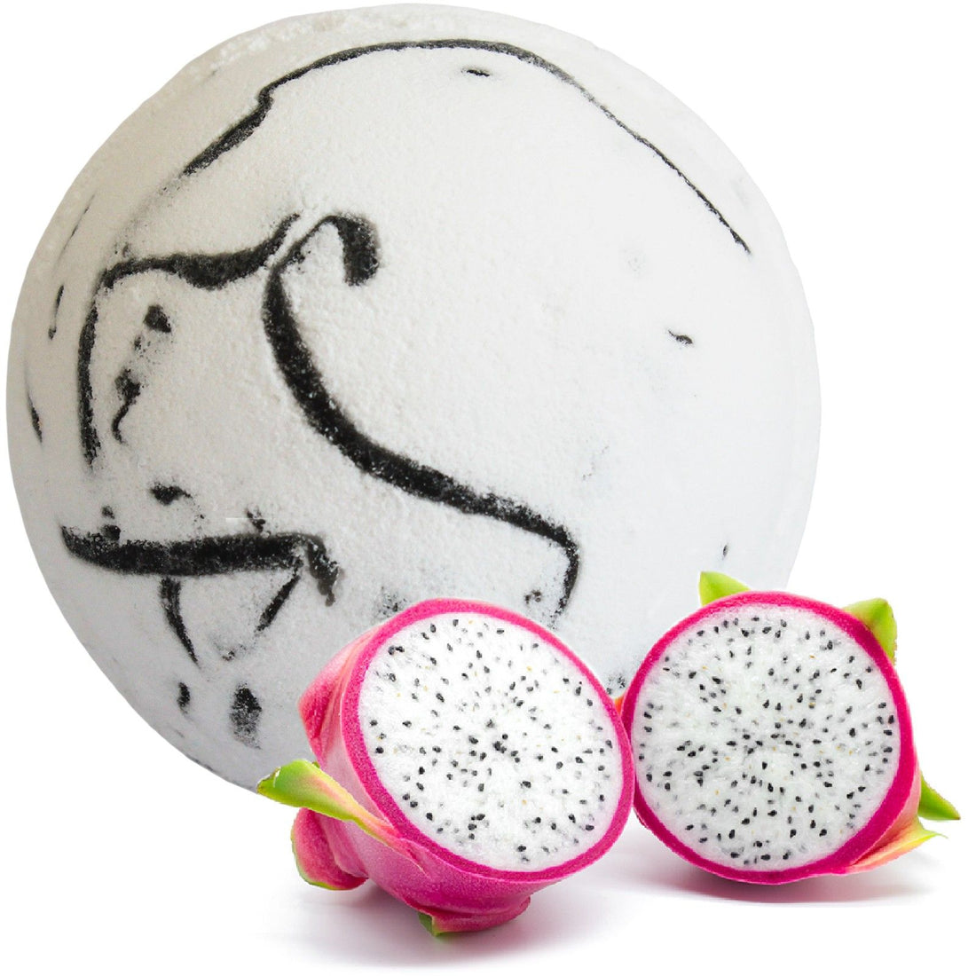 Marble-patterned bath bomb with dragon fruit slices on a white background