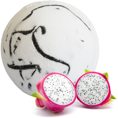Marble-patterned bath bomb with dragon fruit slices on a white background