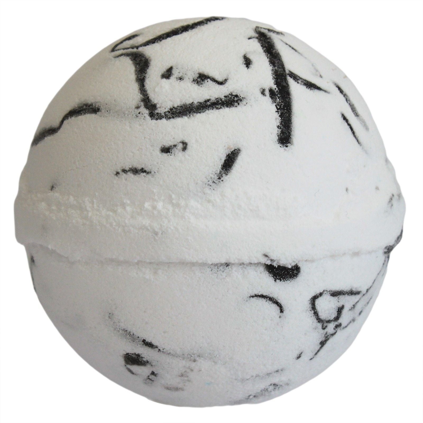 White bath bomb with black marbled pattern on a white background