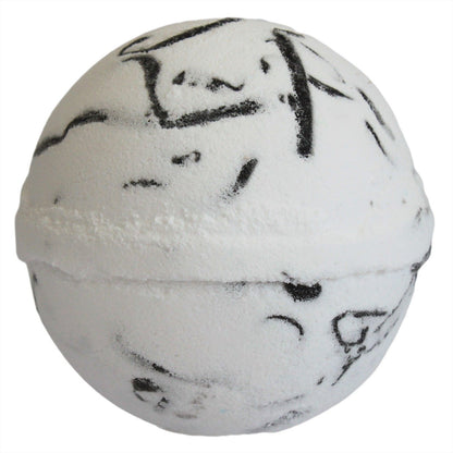 White bath bomb with black marbled pattern on a white background