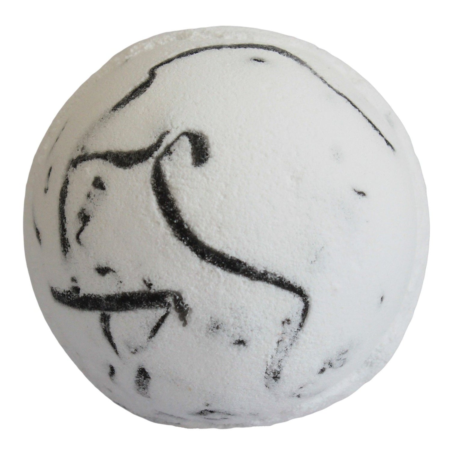 White bath bomb with black marbled design on a white background