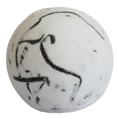 White bath bomb with black marbled design on a white background