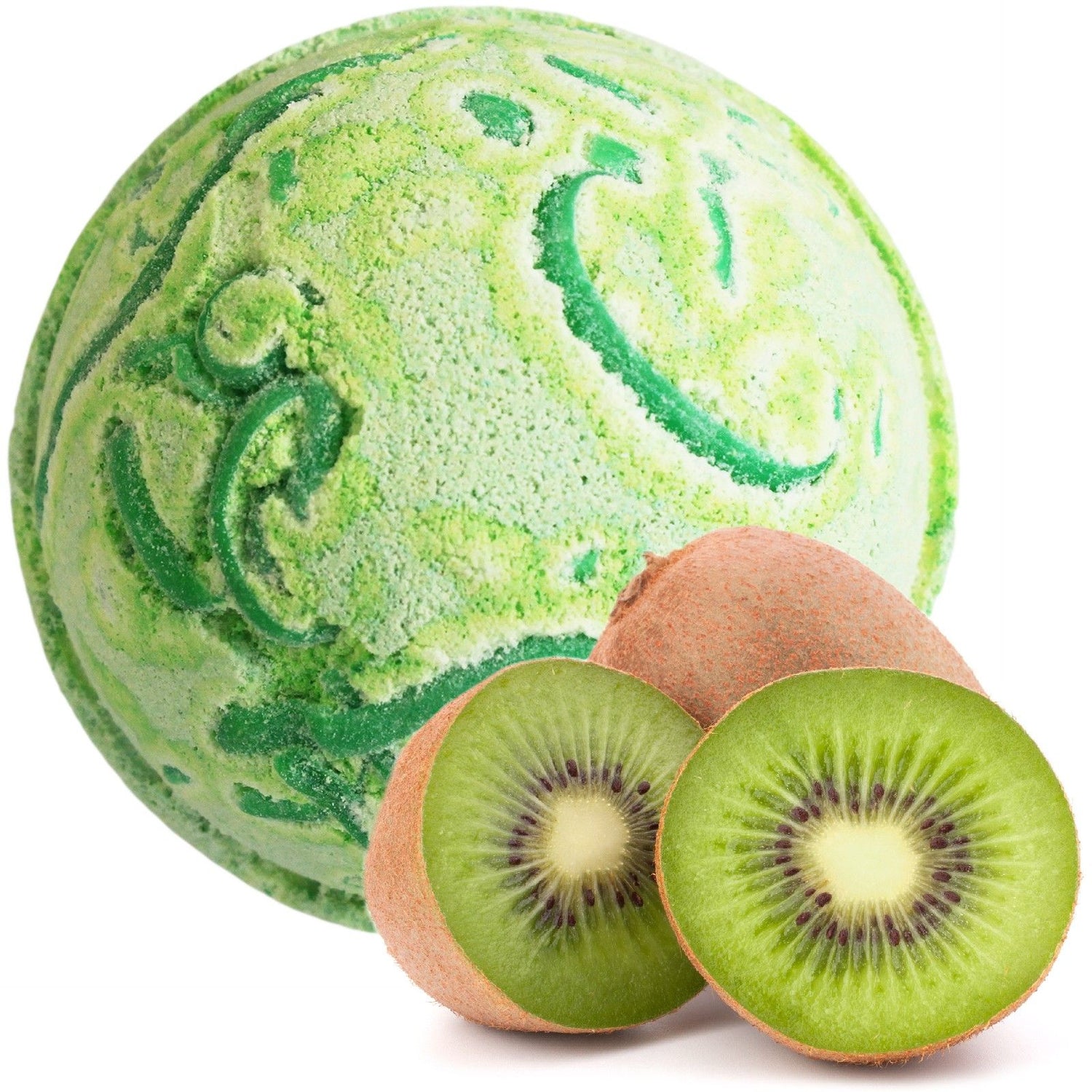 Green and white swirl bath bomb with kiwi slices on a white background