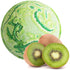 Green and white swirl bath bomb with kiwi slices on a white background