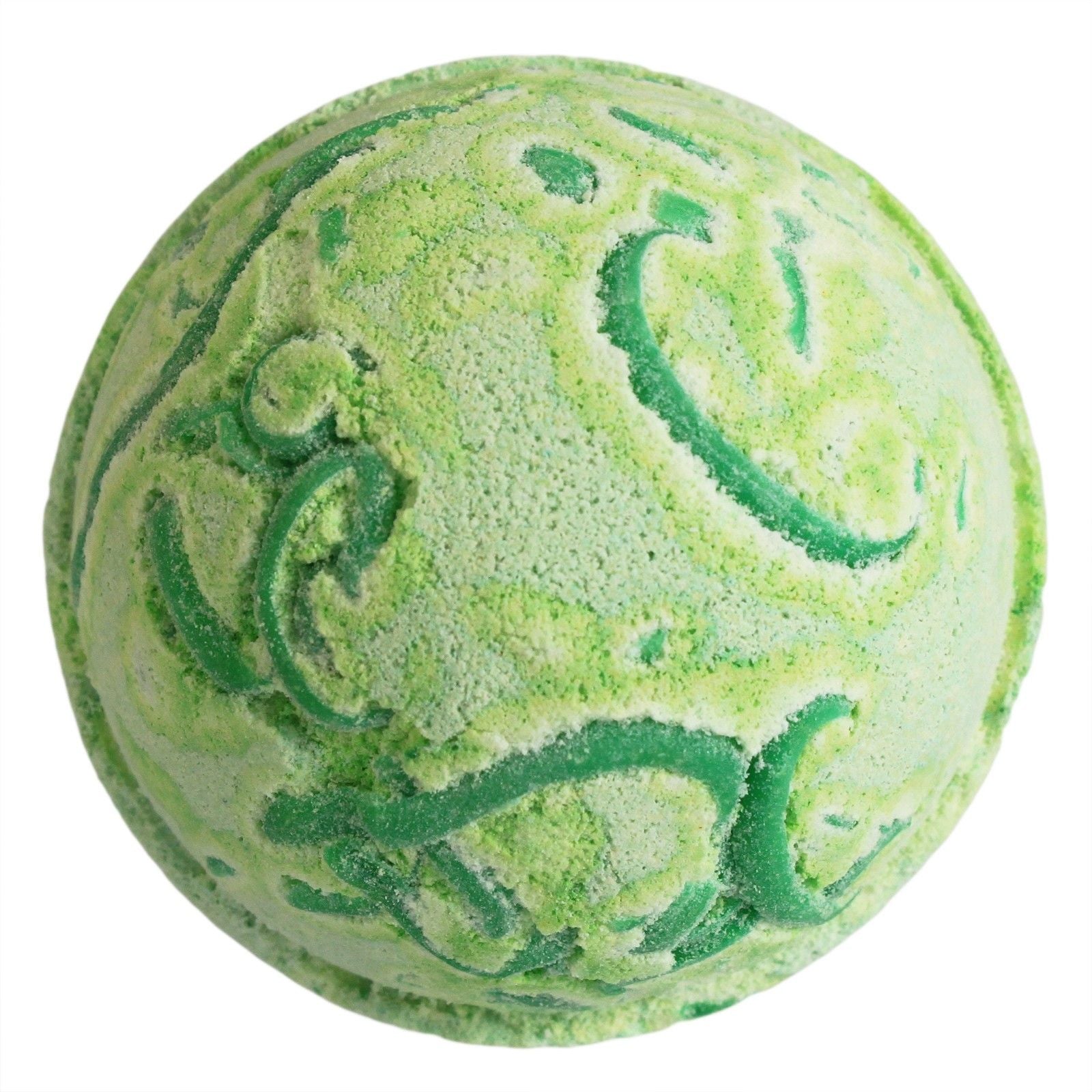 Green and white bath bomb with decorative swirl pattern on a white background