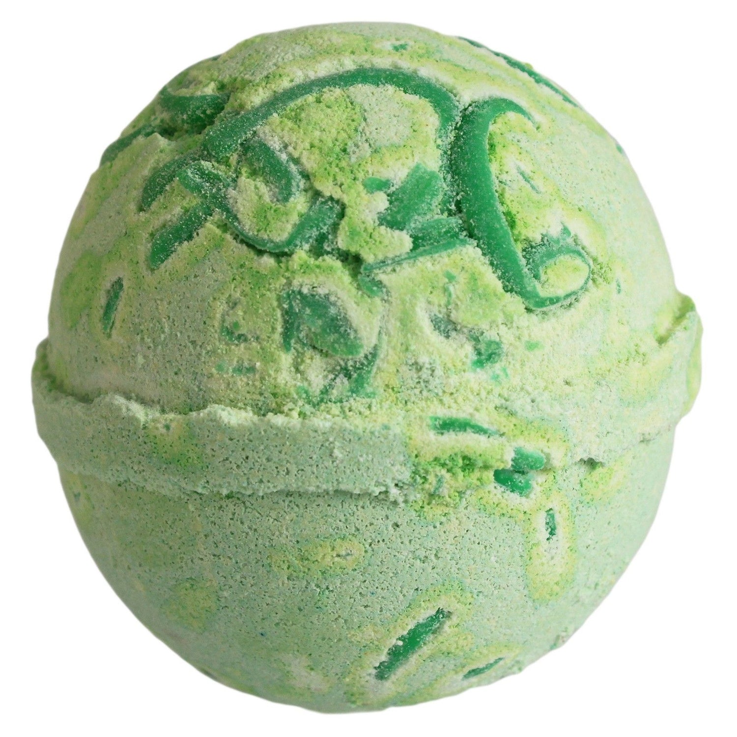 Green bath bomb with decorative patterns on a white background