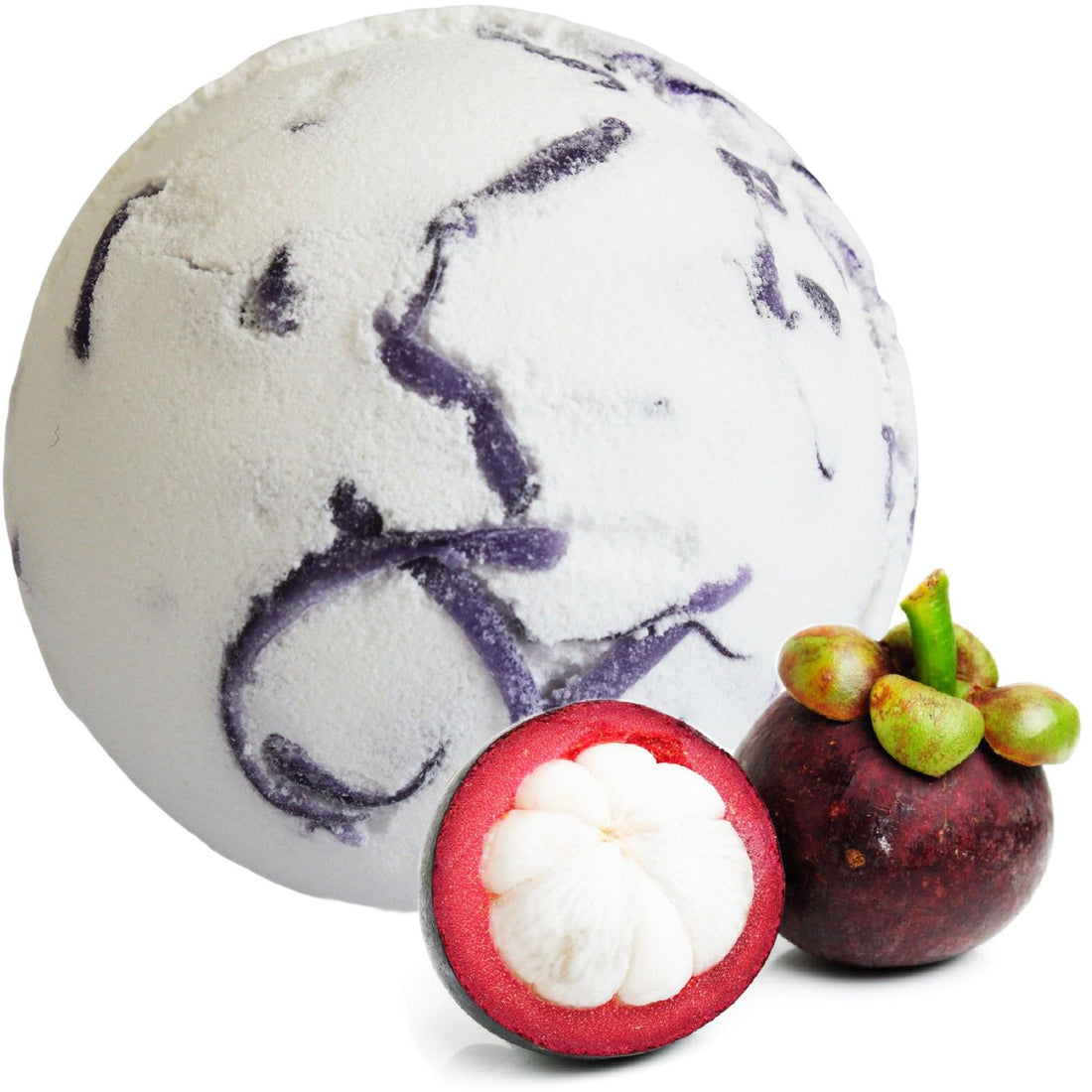 Marble-patterned bath bomb with a cut open mangosteen fruit on a white background