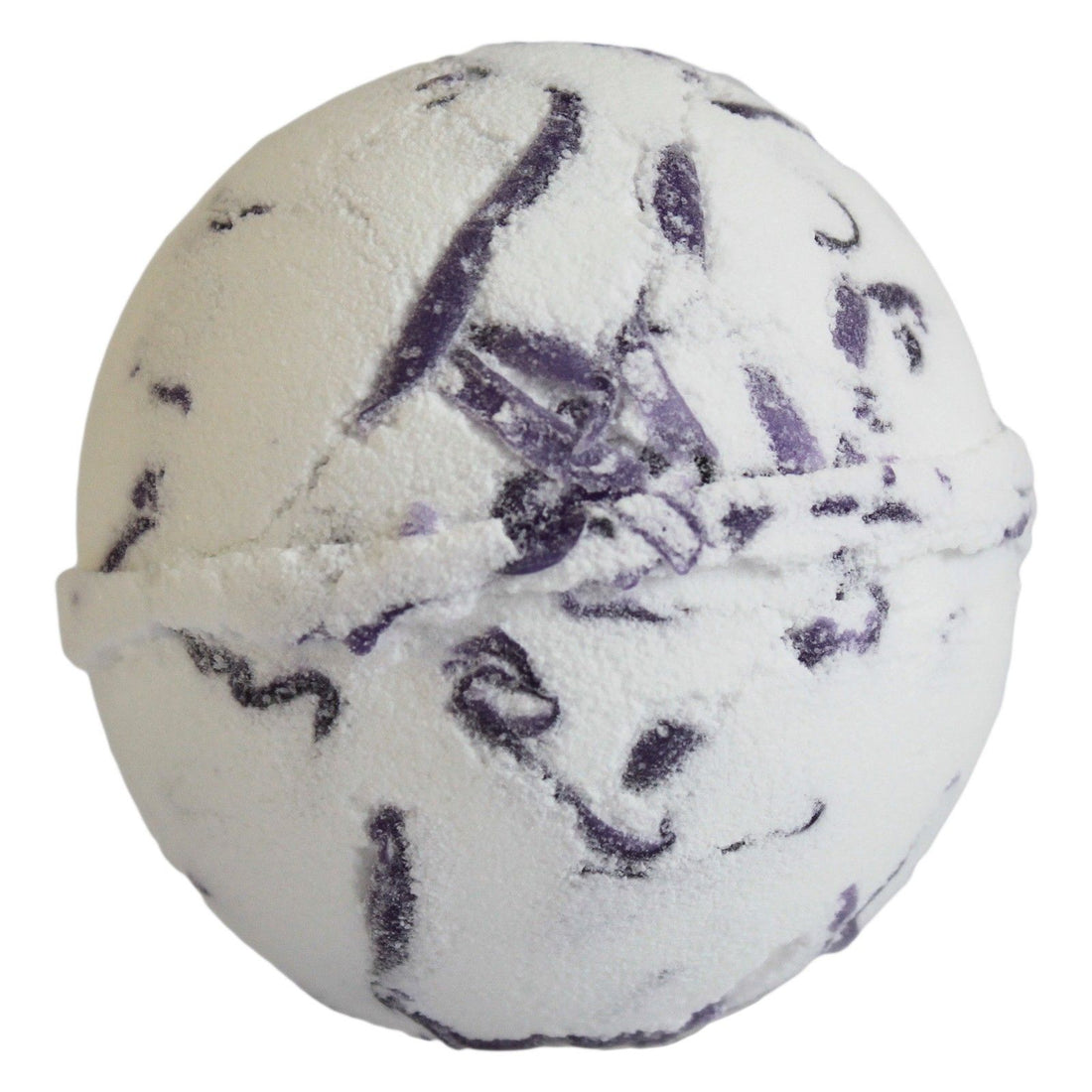 Bath bomb with purple swirls on a white background