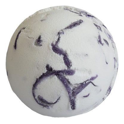 White bath bomb with purple swirls on a white background