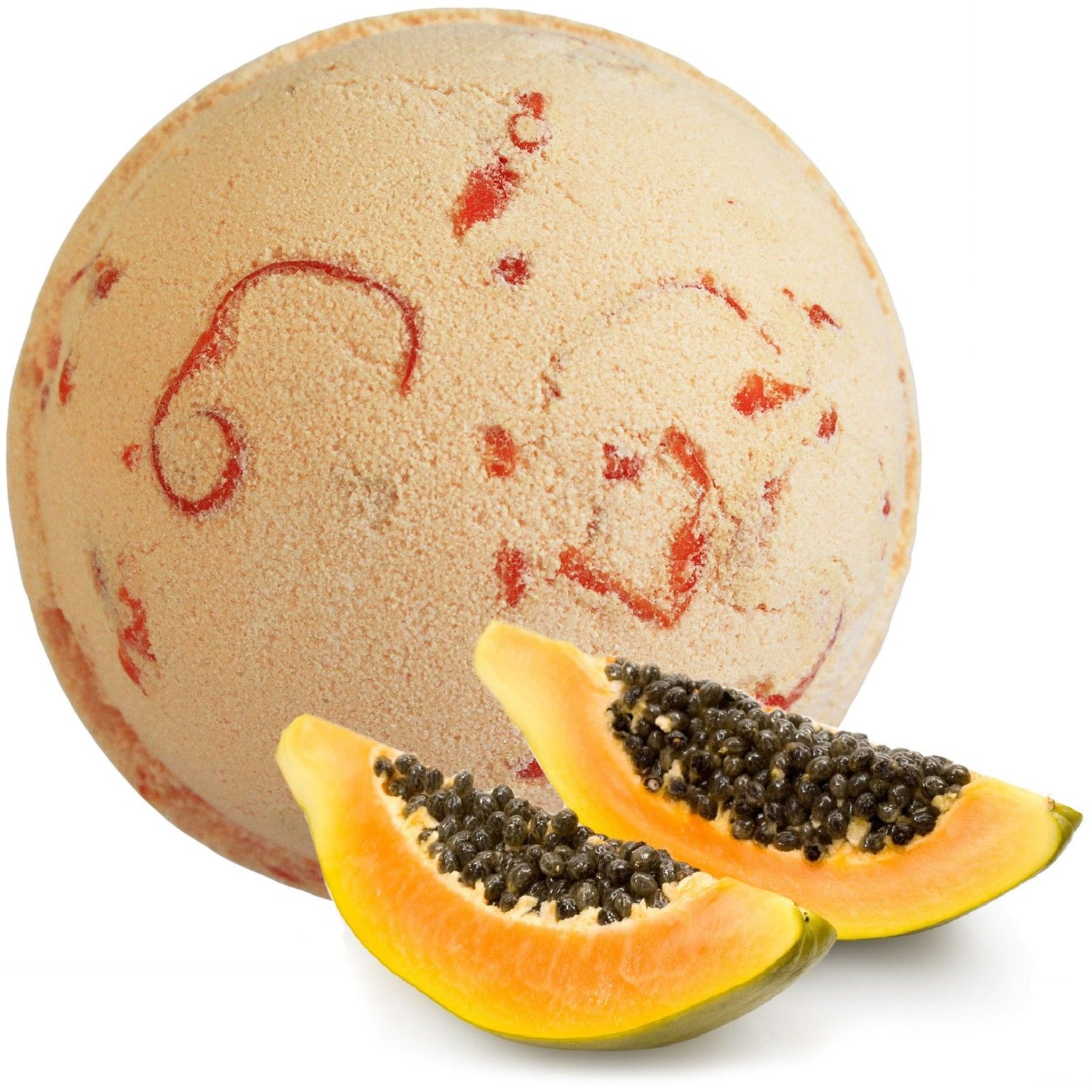 Bath bomb with papaya slices on a white background