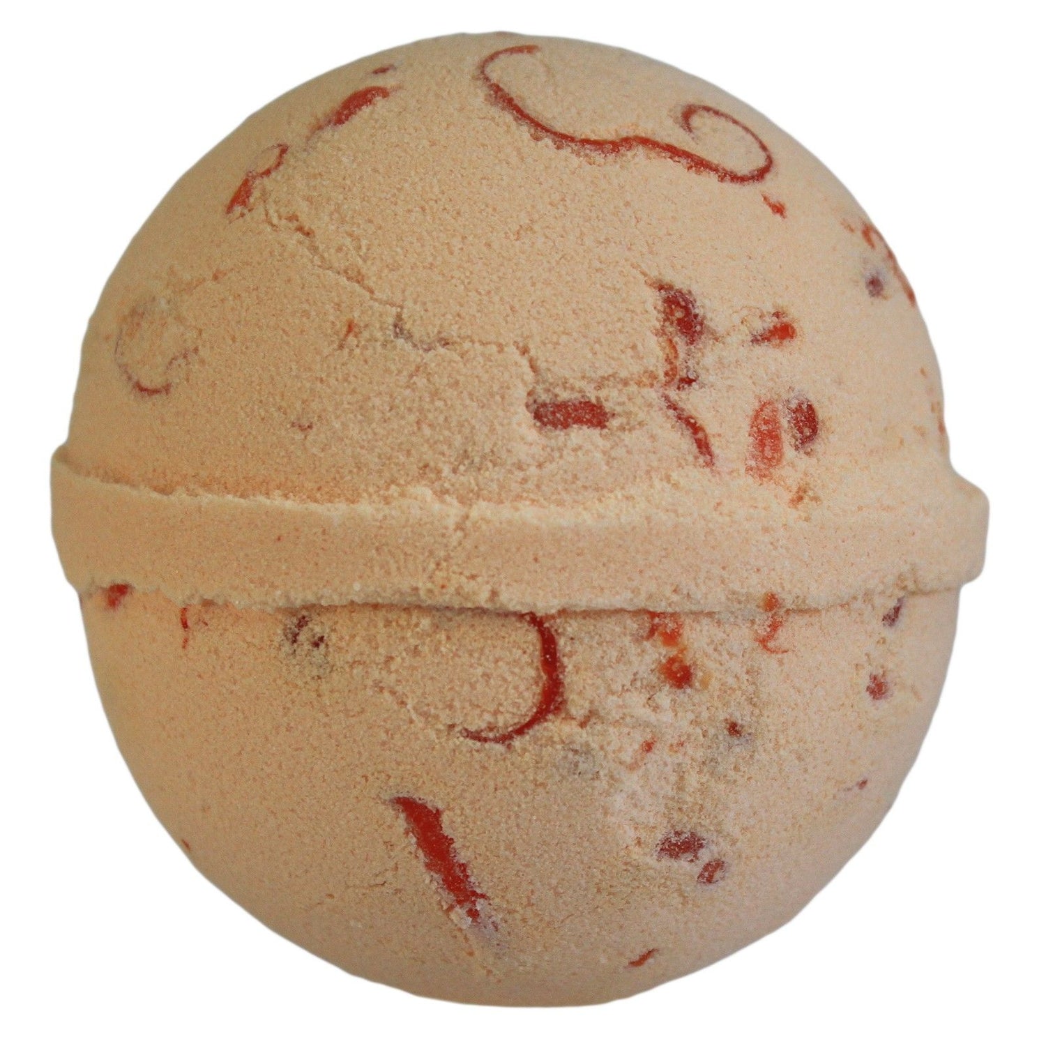 Beige bath bomb with red swirls on a white background